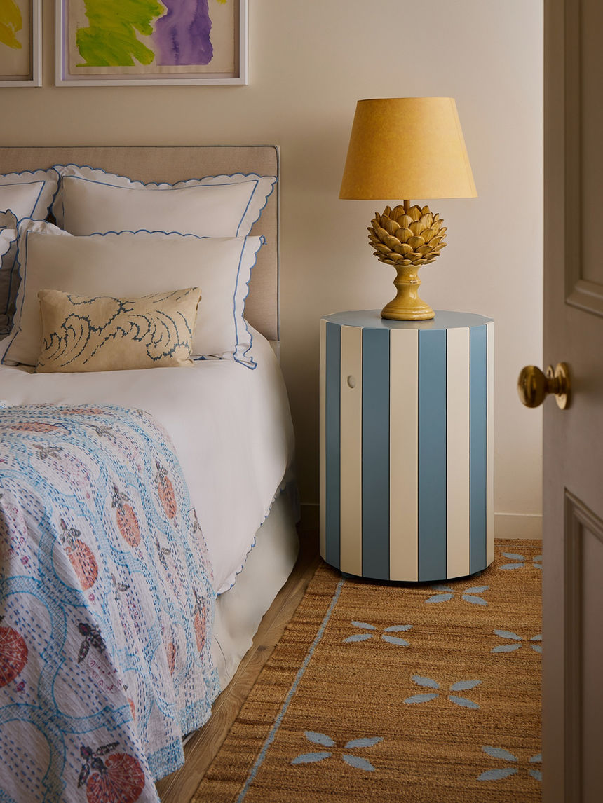 Sky Blue striped barrel table with hand-painted lacquer finish