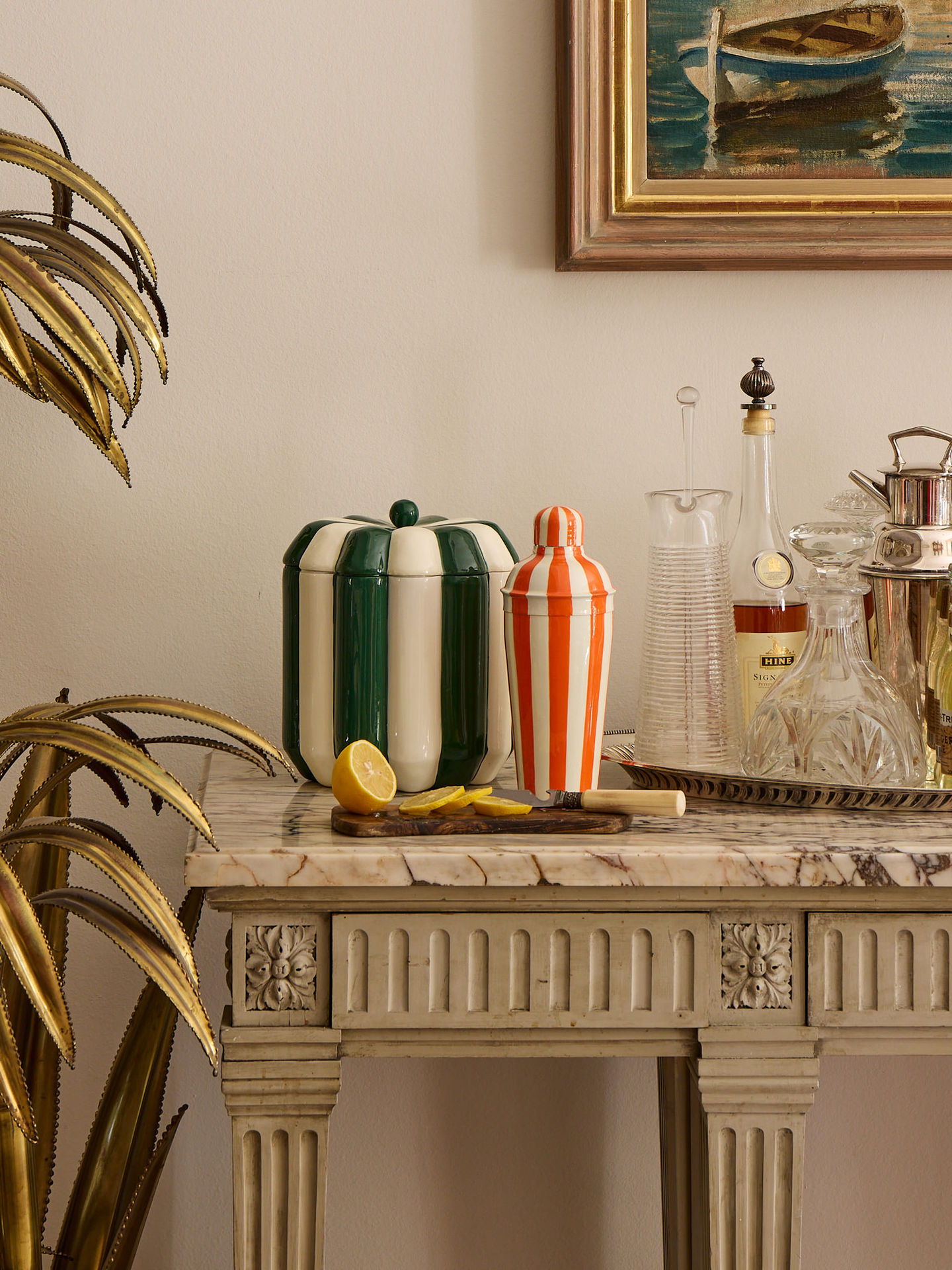 Glossy striped lacquered aluminium ice bucket in Forest Green stripe