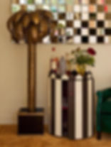 Large hand-painted lacquered tray in chocolate brown designed for use with a barrel table and as a serving tray.