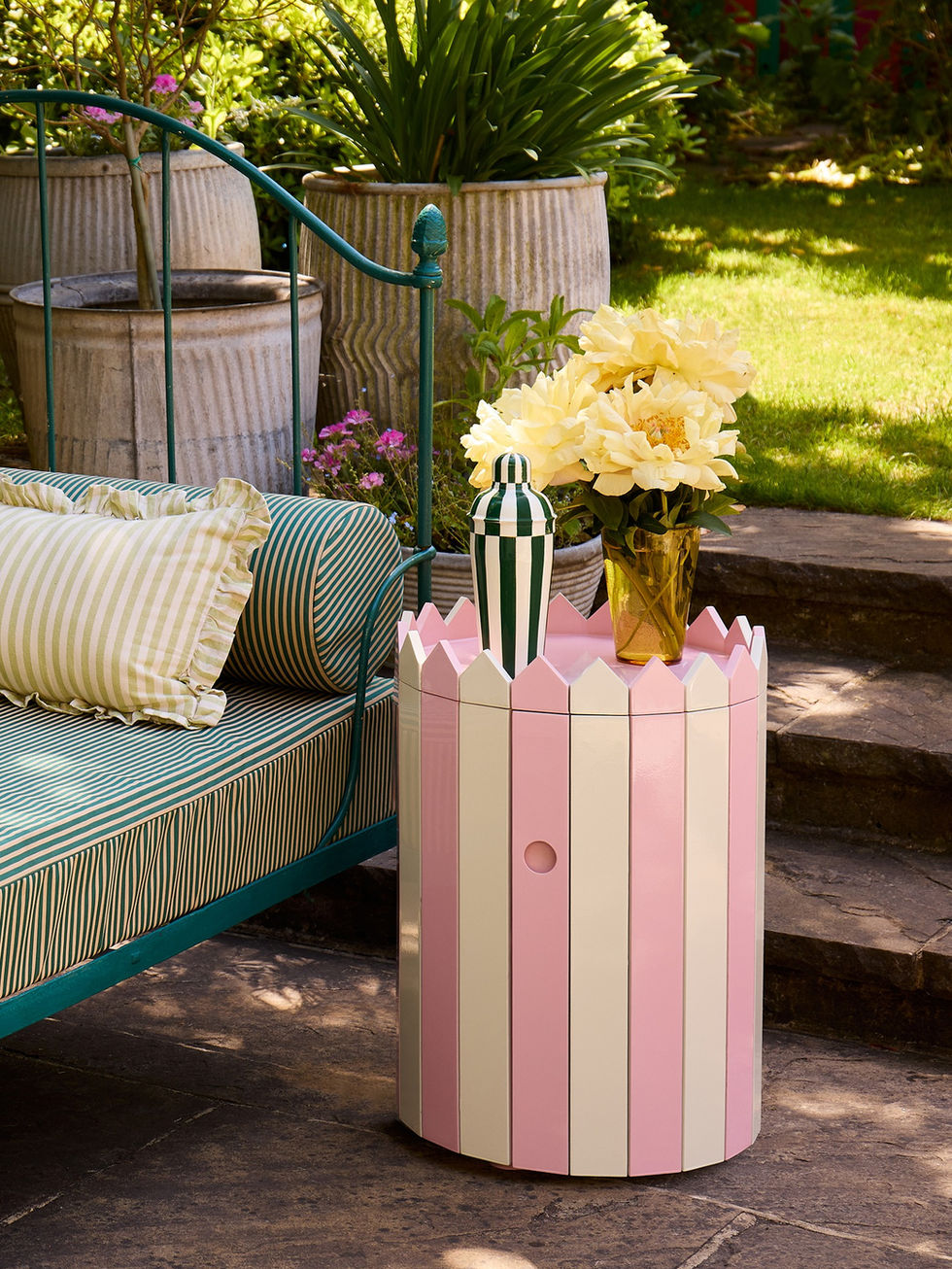Small hand-painted lacquered tray in pink designed for use with a barrel table and as a serving tray.