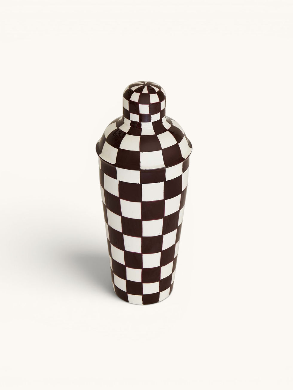 Brown and off-white hand-painted chequered cocktail shaker with glossy finish.