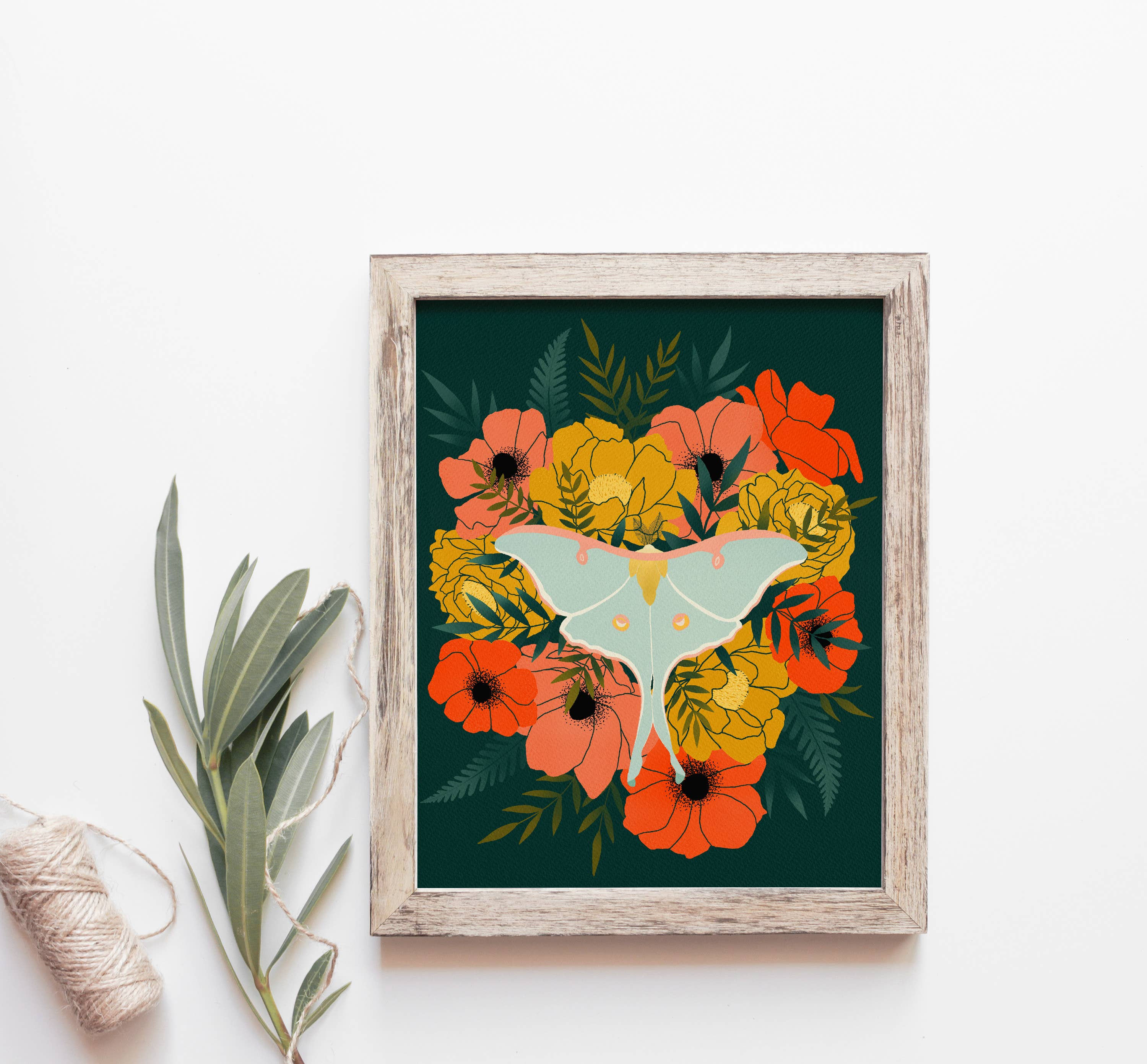 Luna Moth Wall Art  |  Floral Moth Art Print