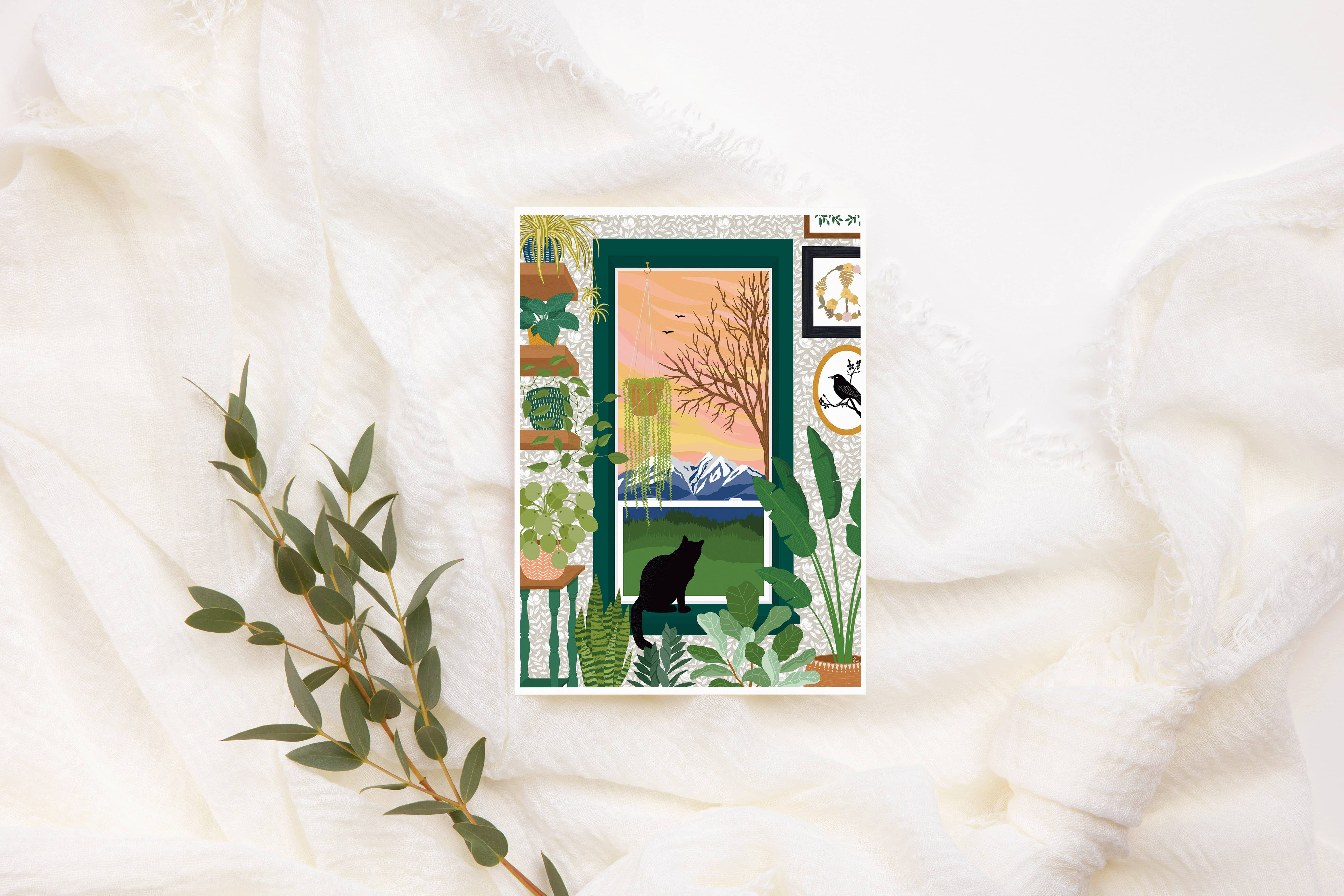 Plants and Cat Greeting Card | Black Cat Birthday Card