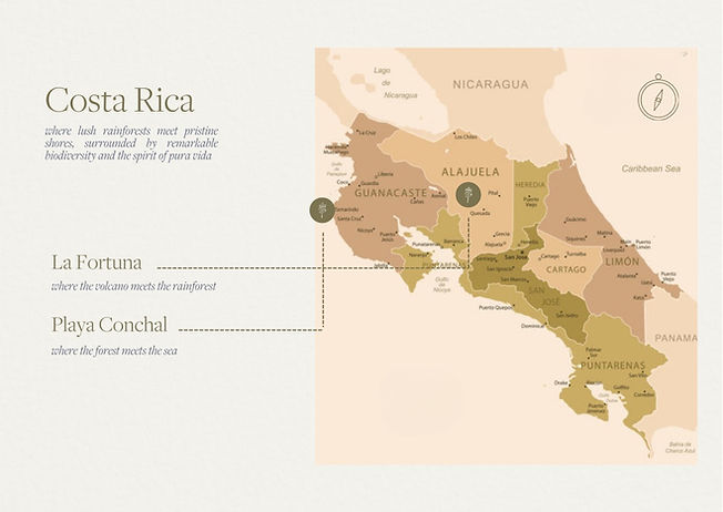 Map pf costa rica highlighting La Fortuna and Playa Conchal