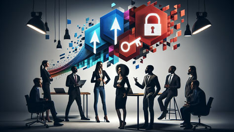 an image depicting a leader speaking to their team with visual elements showing words transforming into keys that unlock potential, with geometric speech bubbles and upward arrows representing growth and empowerment.