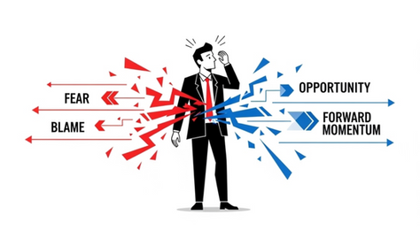 an image depicting a business professional figure frozen mid-stride or caught between two opposing directional arrows, representing the neurological tug-of-war between opportunity and fear, with visual tension showing approach-avoidance conflict