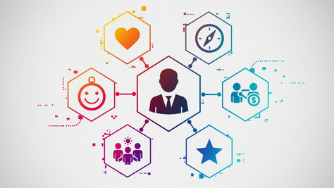 an image depicting a central figure surrounded by six interconnected geometric hexagons, each representing a domain of human flourishing - with symbols in each representing happiness, health, purpose, relationships, character, and financial stability, all connected by flowing lines showing the integration of personal well-being with professional success.