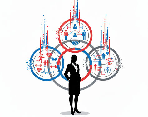 an image depicting a professional silhouette figure standing at the center of intersecting circles representing the Energy Ecosystem - with one circle showing health/fitness symbols, another showing relationship connections, and a third showing purpose/mission elements, all flowing together in dynamic balance with upward movement suggesting growth and engagement.