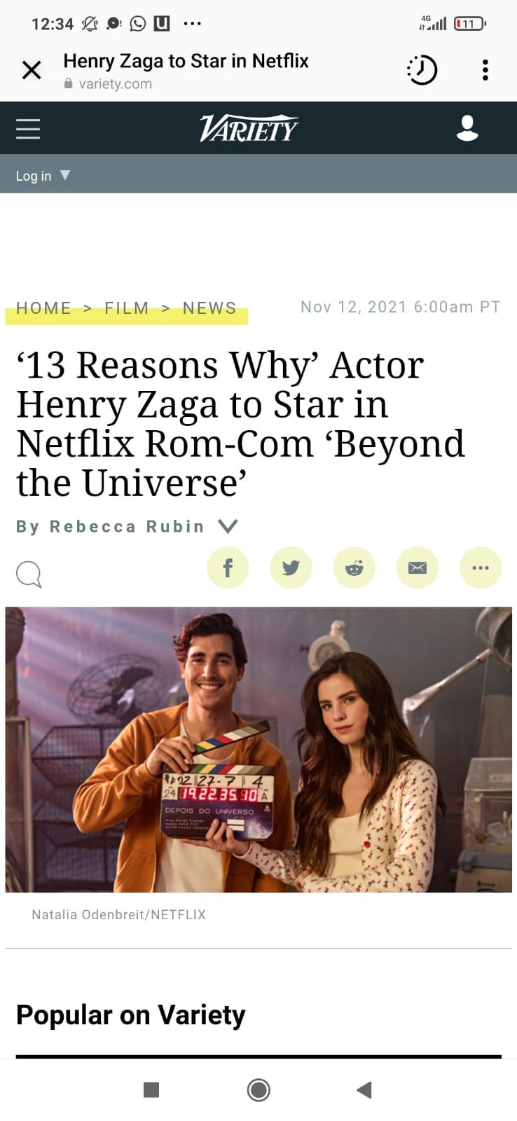 Revista Variety - Fotografia Still para Netflix, filme: Depois do Universo