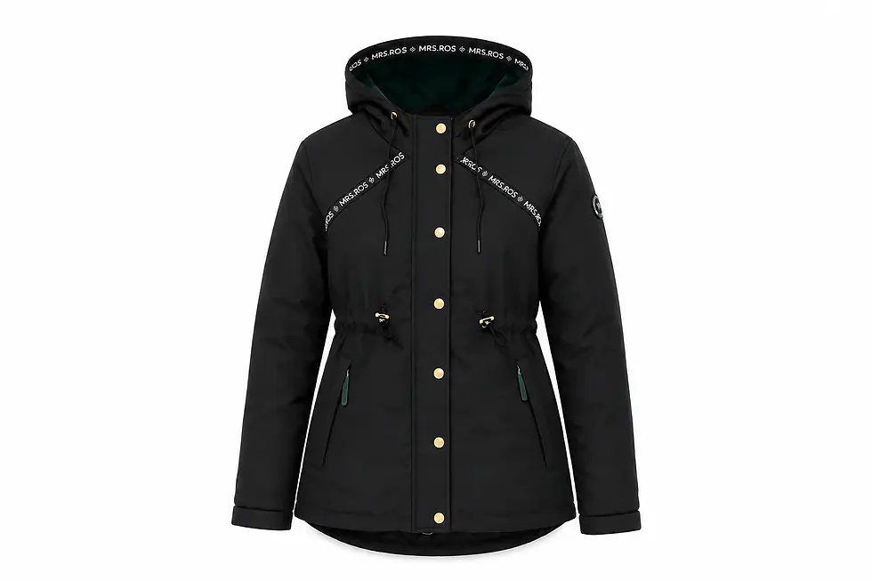 Productfoto voorzijde Mrs Ros Parka met Capuchon – Zwart & Groen – Dark Forest