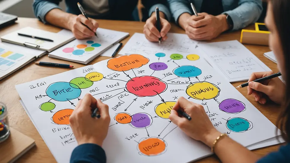 Close-up view of a brainstorming session with colorful sketches and notes