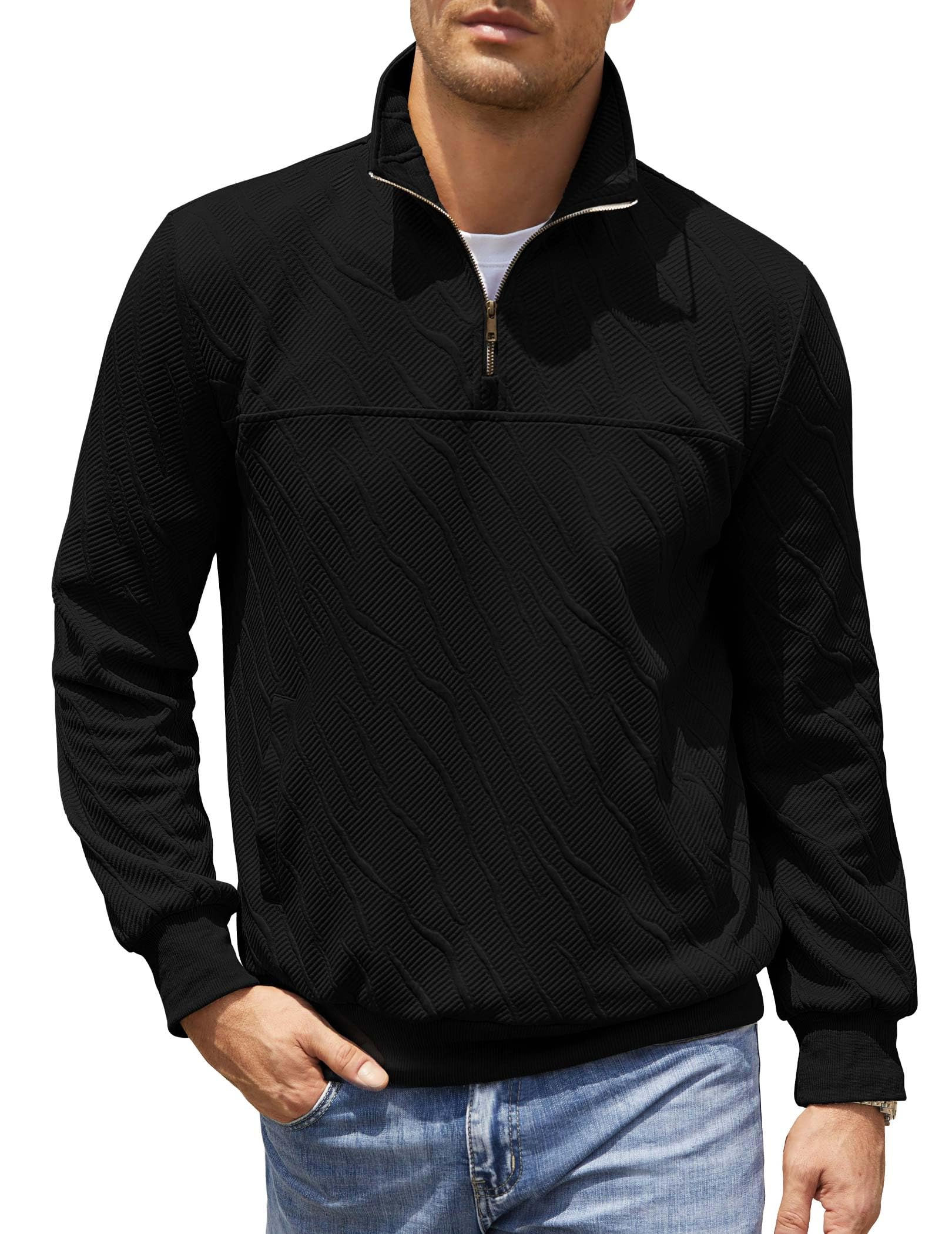 3rd hill Mens Quarter Zip Pullover Texture Knit Sweatshirts Long Sleeve Mock Nec