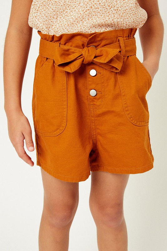 Thumbnail: Girls - High Waist Paperbag Belted Button Detail Shorts - Tangerine