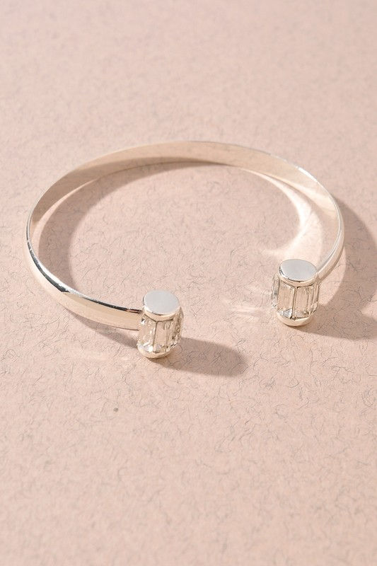 Rectangular Crystal Accent Open Metal Cuff - Silver