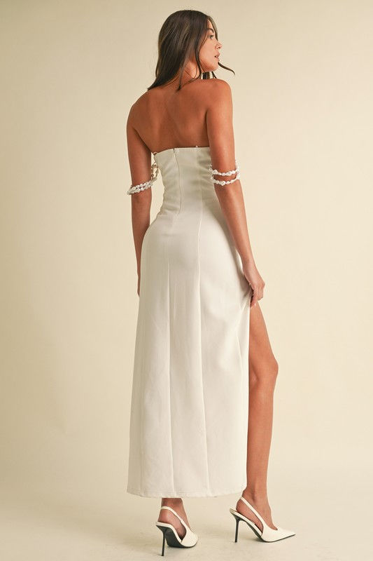 Thumbnail: Strapless Detachable Pearl Strap Side Slit Maxi Dress
