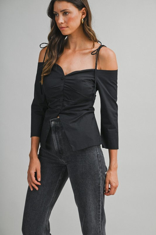 Thumbnail: Dahlia Tie-Strap Off-Shoulder Cotton Blouse - Black