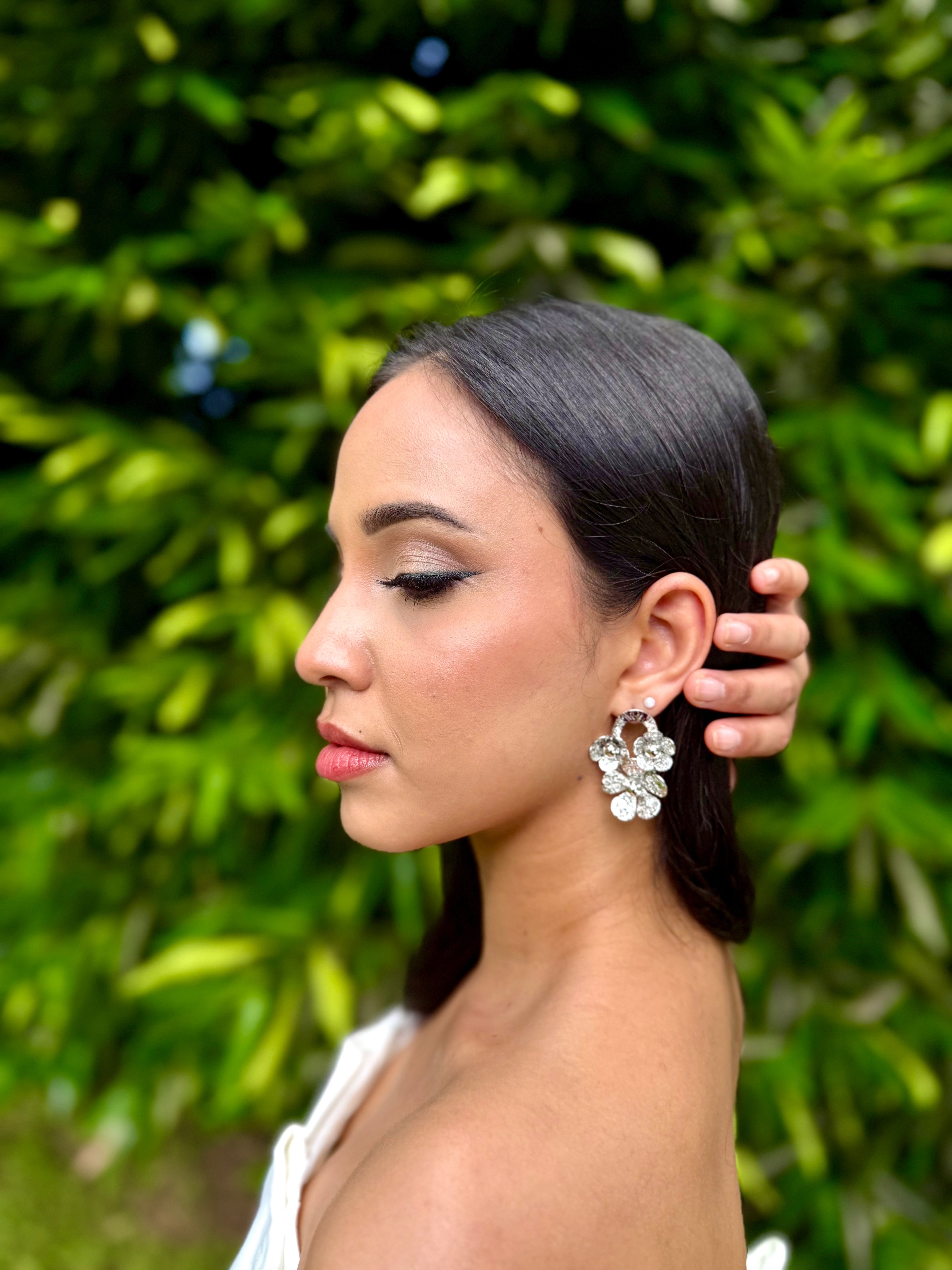 Textured Flower Statement Earrings - Silver