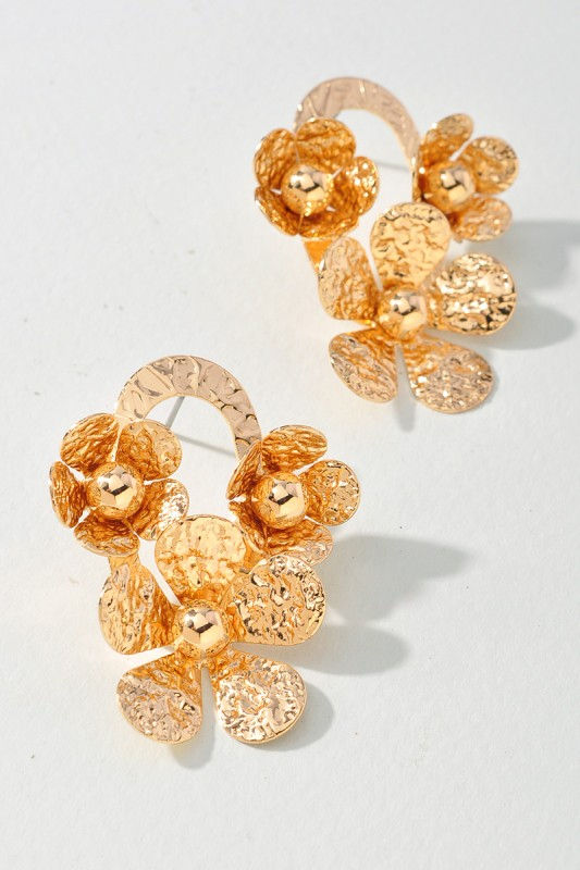 Textured Flower Statement Earrings - Gold