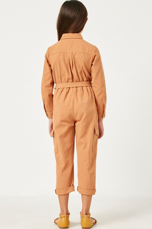 Thumbnail: Girls - Long Sleeve Button Up Collared Belted Cargo Jumpsuit