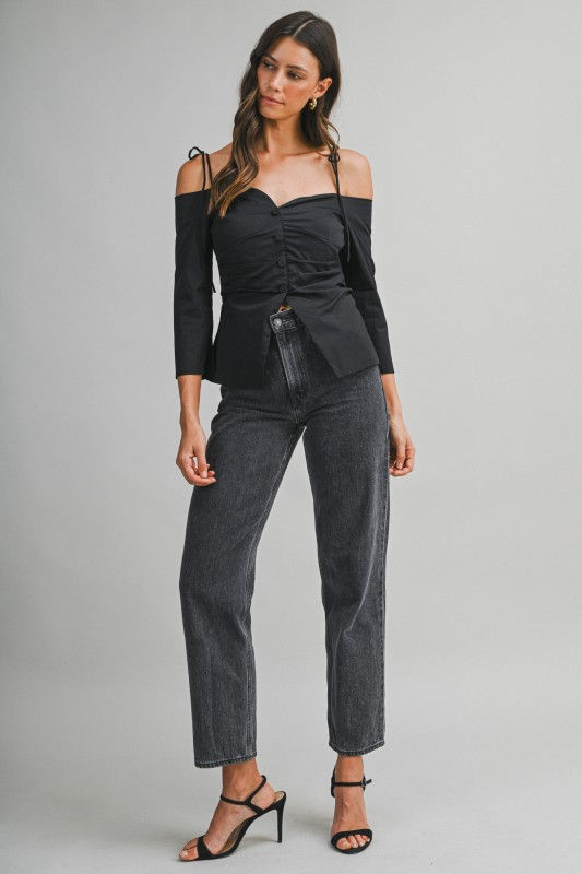 Thumbnail: Dahlia Tie-Strap Off-Shoulder Cotton Blouse - Black