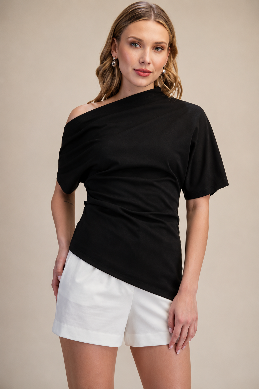 Oslo Draped Shoulder Top - Black