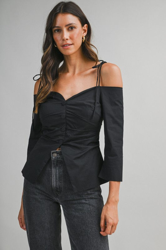 Thumbnail: Dahlia Tie-Strap Off-Shoulder Cotton Blouse - Black