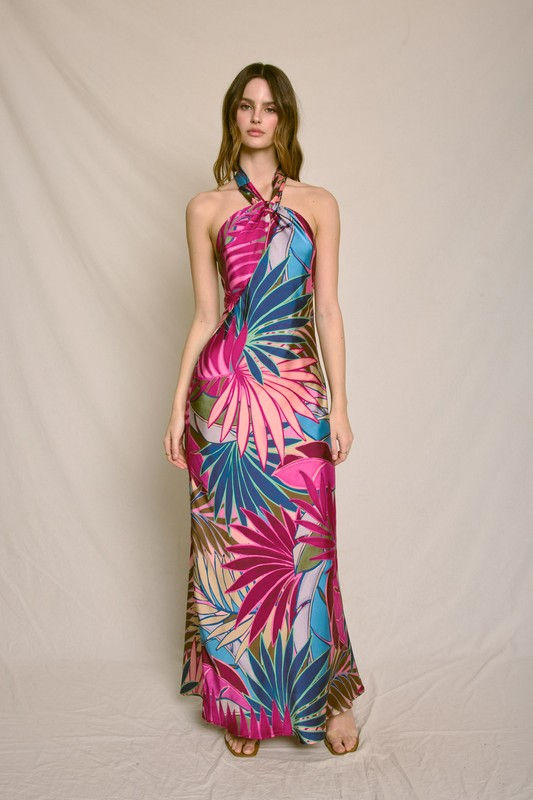 Leaf Print Halter Neck Open Back Cowl Maxi Dress