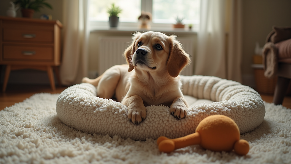 High angle view of a cozy dog bed and toys