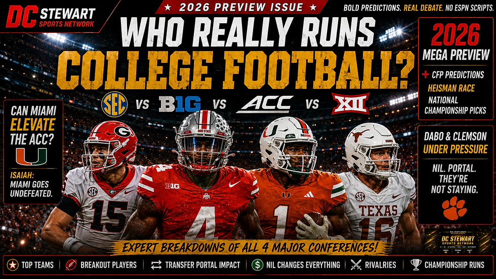 2026 College Football Mega Preview graphic comparing the SEC, Big Ten, ACC and Big 12