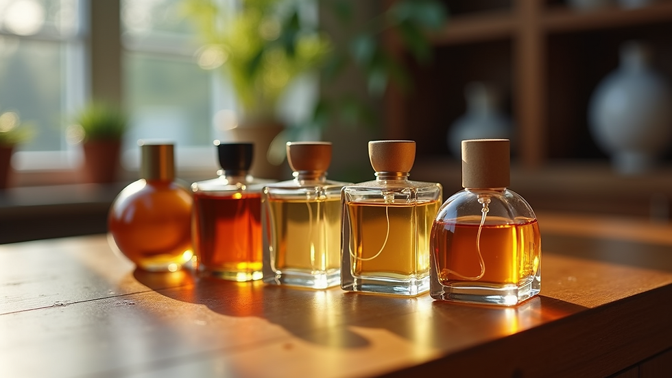 Close-up view of a variety of perfume bottles on a wooden table