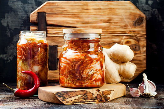 Fermented vegetable product kimchi made with cabbage, chilli, garlic, ginger, radish, mooli, daikon