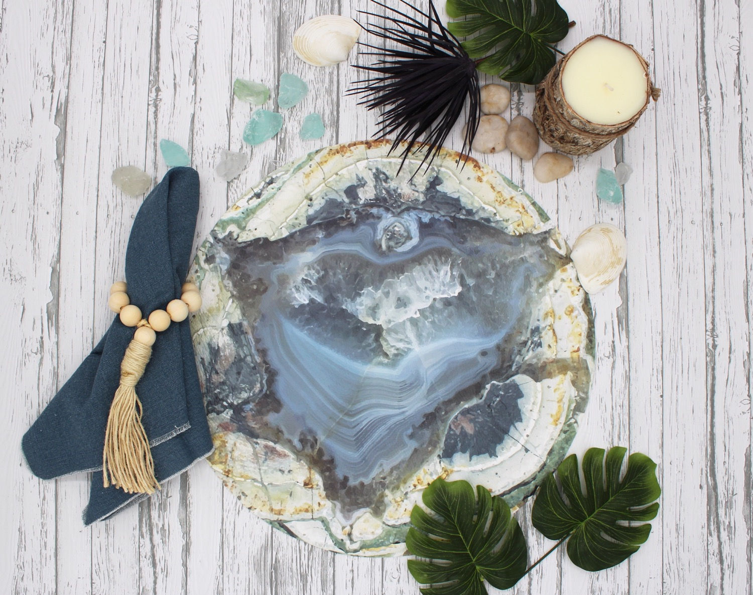 Agate Style Vegan Leather Placemat- Gray Blue