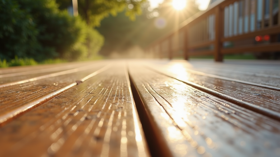 Close-up view of a clean wooden deck after pressure washing
