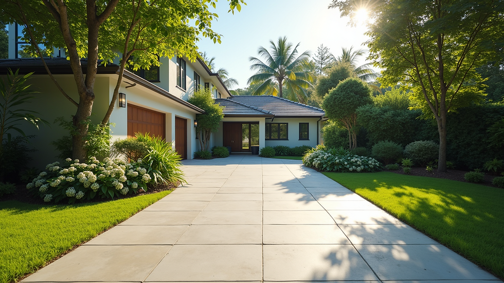 Wide angle view of clean driveway with surrounding greenery