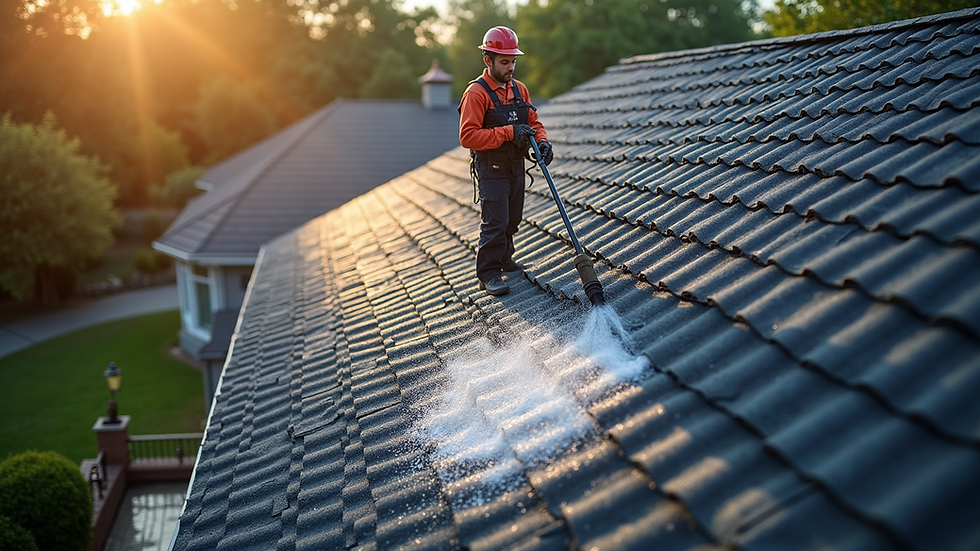High angle view of a professional cleaning a house roof with specialized equipment