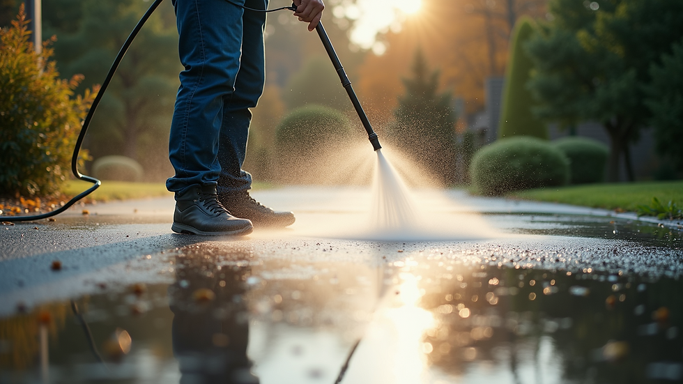 High angle view of a pressure washing process on a driveway