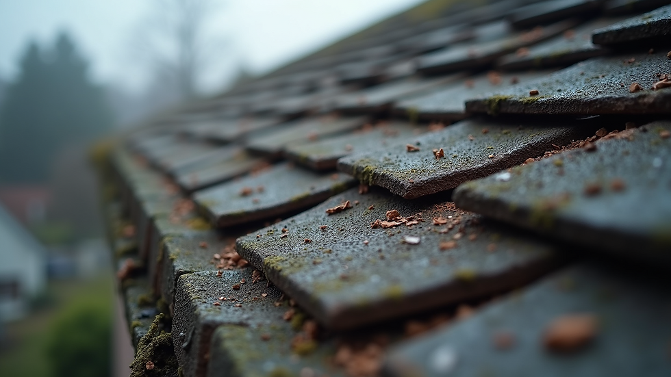 Close-up view of damaged shingles on a roof