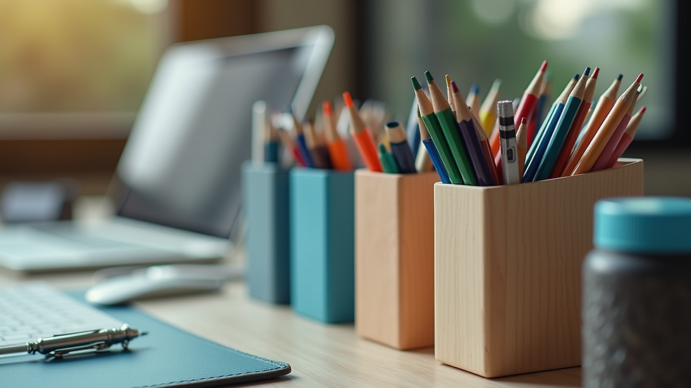 Close-up view of a desk organizer with neatly arranged stationery