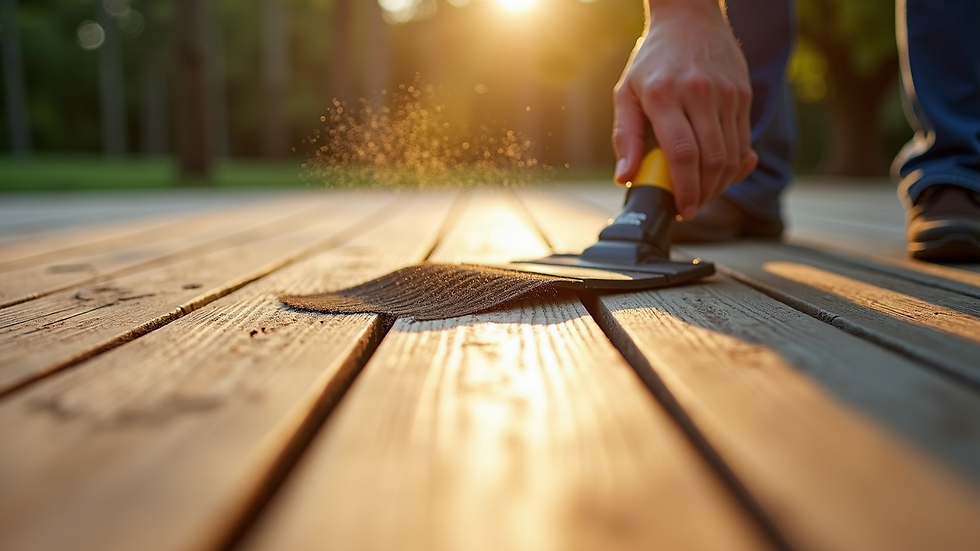 Close-up view of a wooden deck being maintained