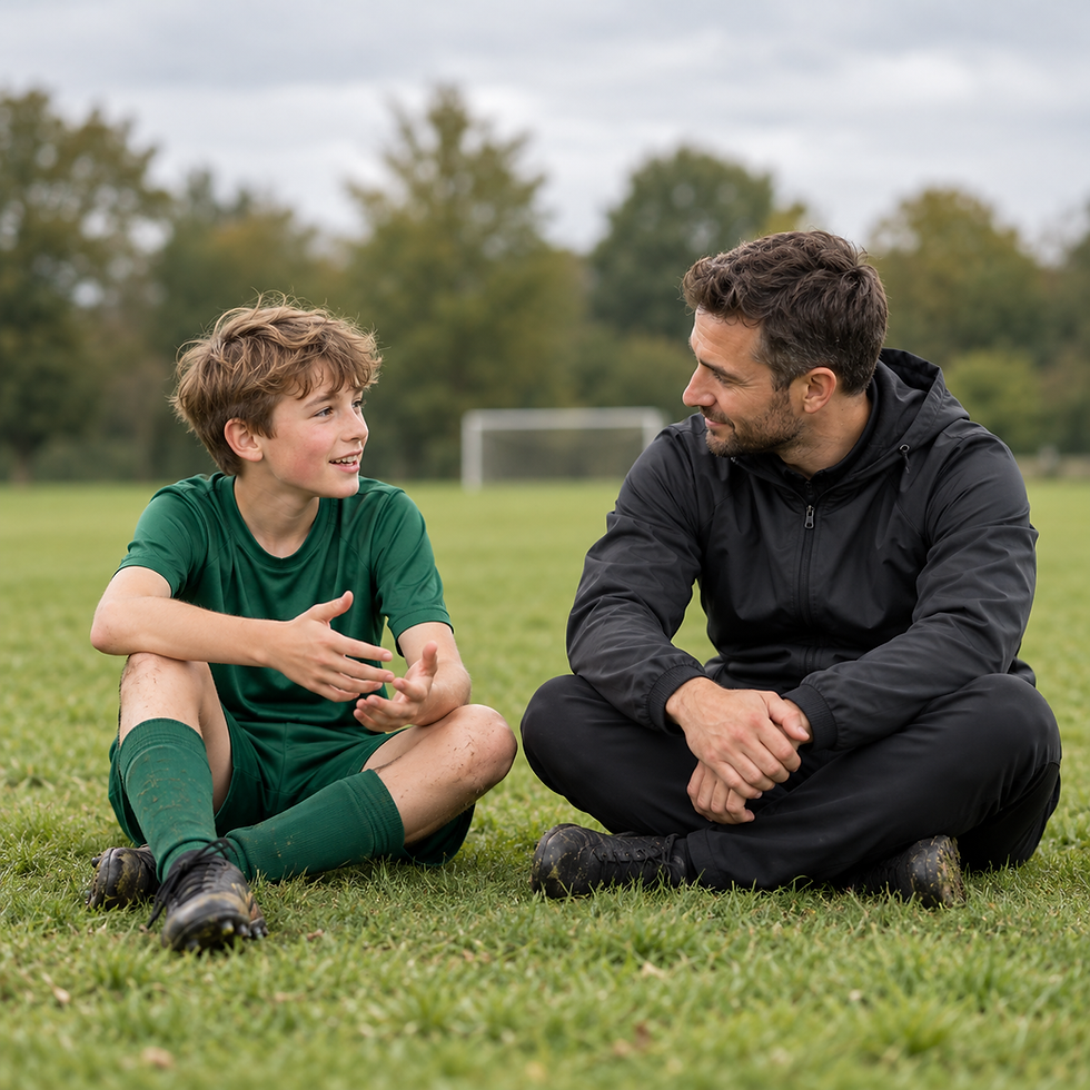 Football coach talking with a young player during a grassroots football session