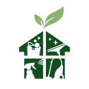 cedarwood cleaning logo showing a house with vacuum and spray bottle with a leaf coming out of the top of the house