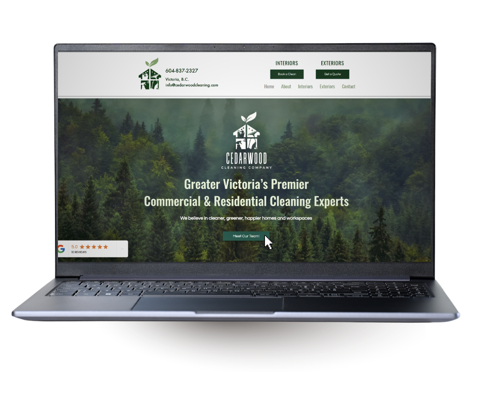 A laptop featuring the website of Cedarwood Cleaning, a business local to Victoria BC