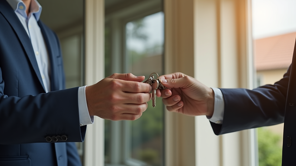 Close-up view of a property manager handing keys to a tenant
