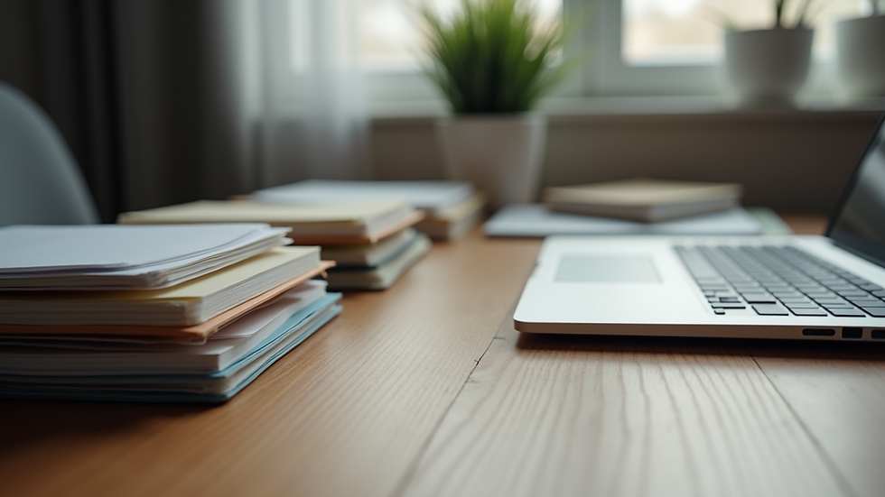 Eye-level view of a desk with organized folders and a laptop