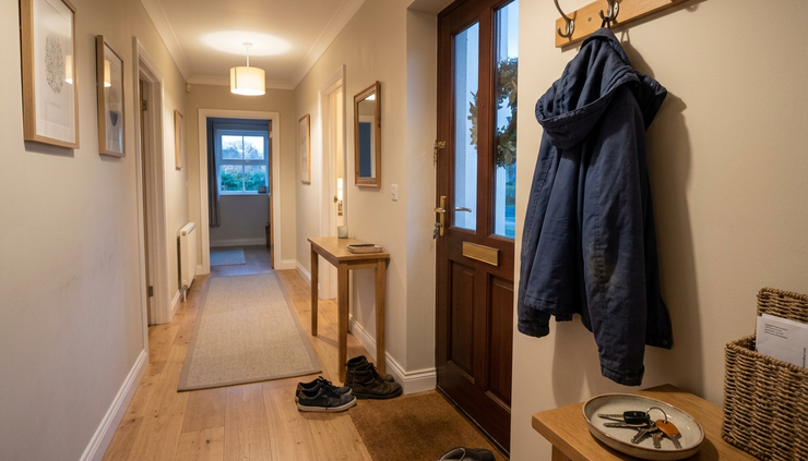 Wide-angle view of a hallway with a jacket, keys, and shoes arranged near the door.