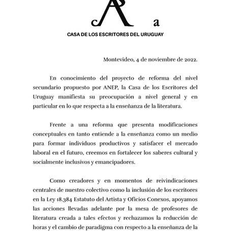 Casa de los escritores del Uruguay acompaña las reivindicaciones de los profesores de Literatura.