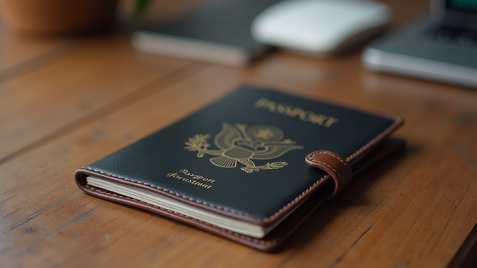 Close-up view of a leather passport holder on a wooden table