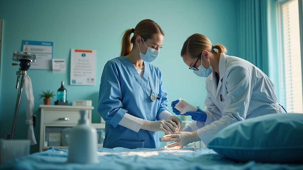 Eye-level view of a nurse preparing medical equipment in a home setting