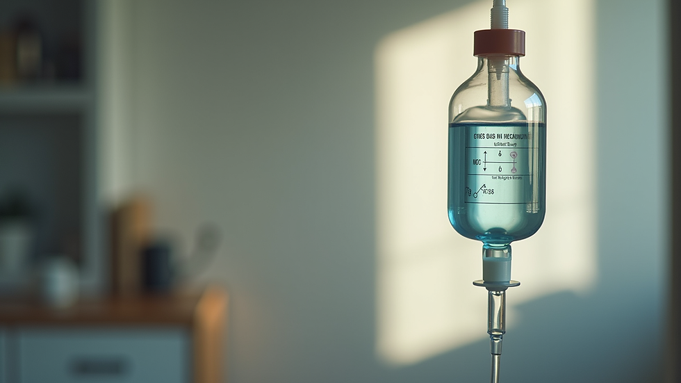 Close-up view of intravenous serum bag hanging in a home setting