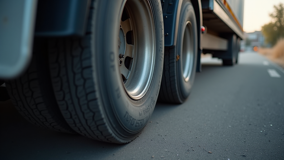Close-up view of a truck tire being checked for wear